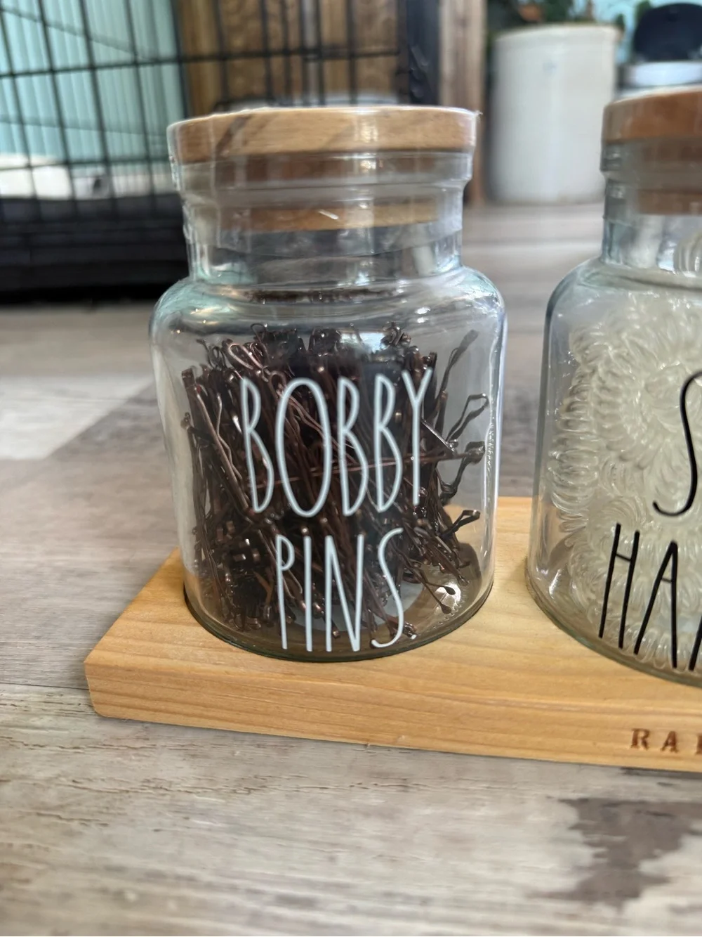 Rae Dunn Set Small Glass Jar w/Wood Lid with Bobby Pins Hair Ties & Bands NEW